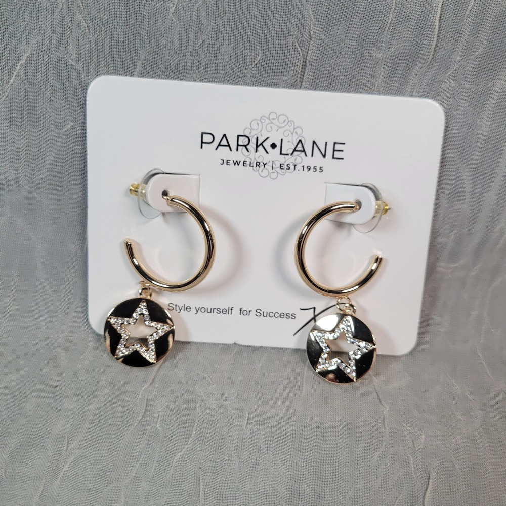 Park Lane Star Dangle Hoop Earrings Gold Tone Clear Rhinestone Celestial